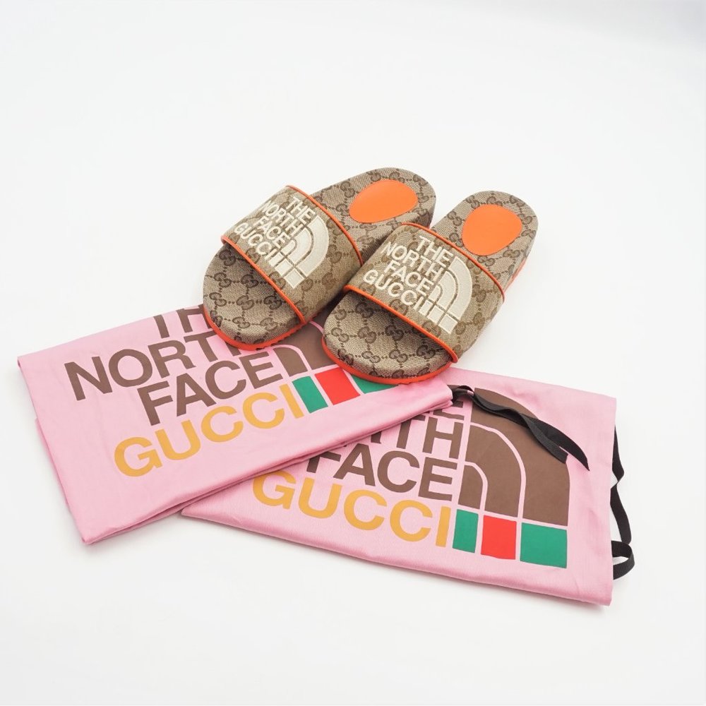 New in Blemished Box Women's The North Face x Gucci Beige & Orange Slides US 6 - Picture 1 of 16
